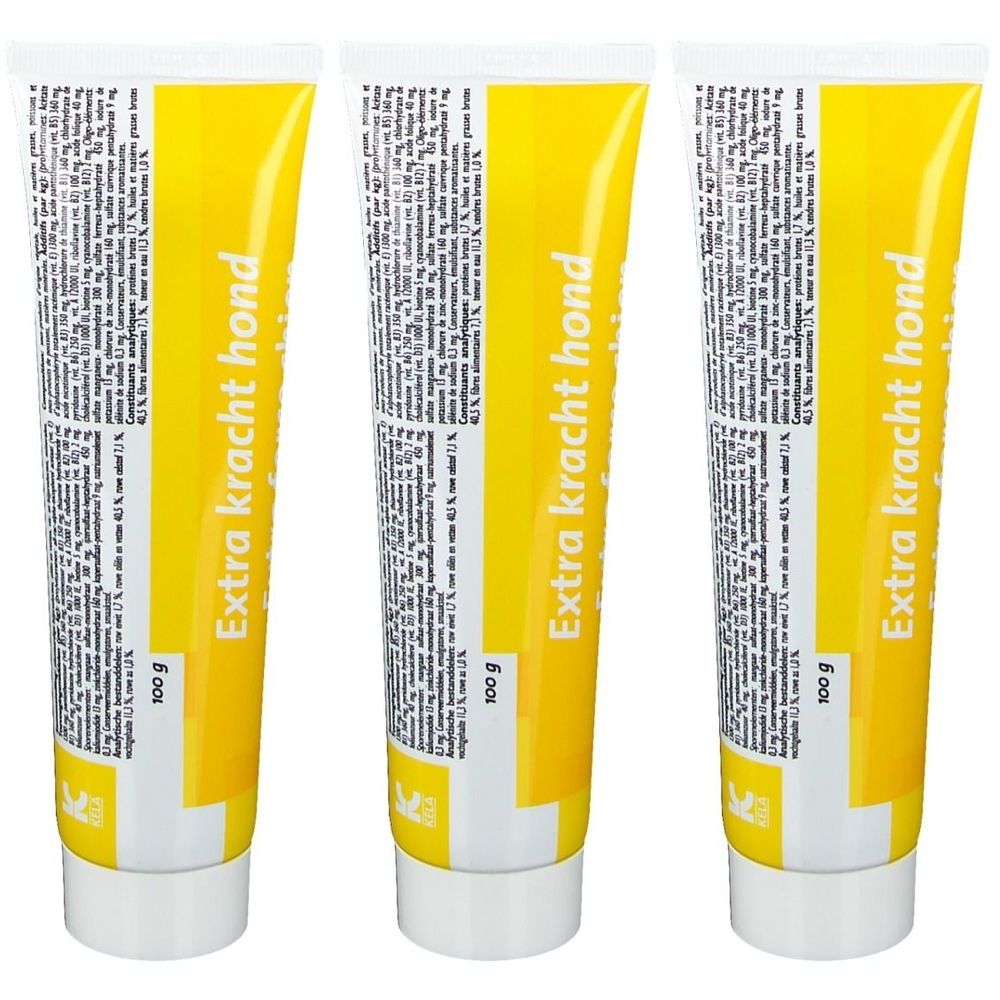 Trois tubes de crème avec fond jaune et texte blanc. On lit "Extra kracht hond" et "100 g" sur chaque tube.