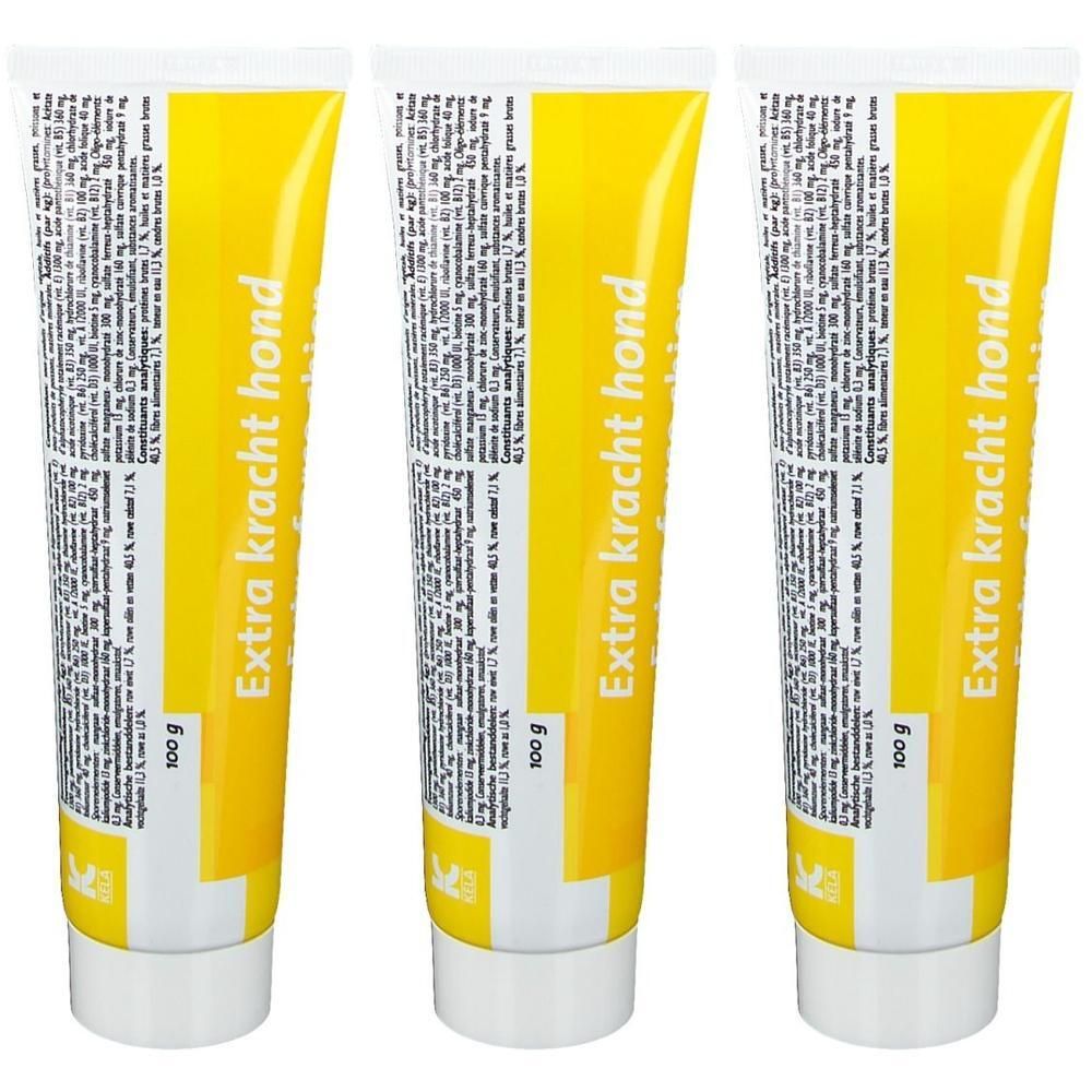 Trois tubes jaunes avec bouchon blanc. Inscription: Extra kracht hond, 100 g.