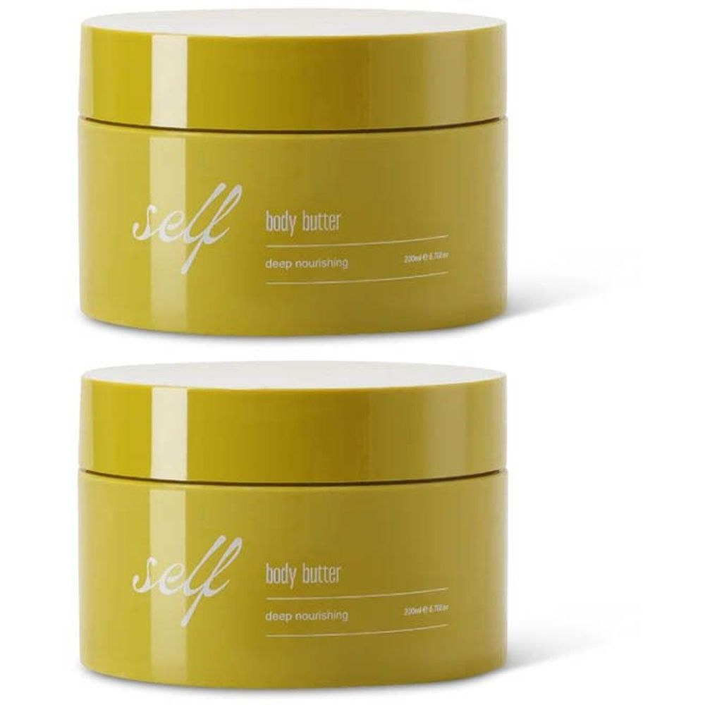 Deux pots jaunes avec couvercles blancs. Inscription "self body butter deep nourishing".