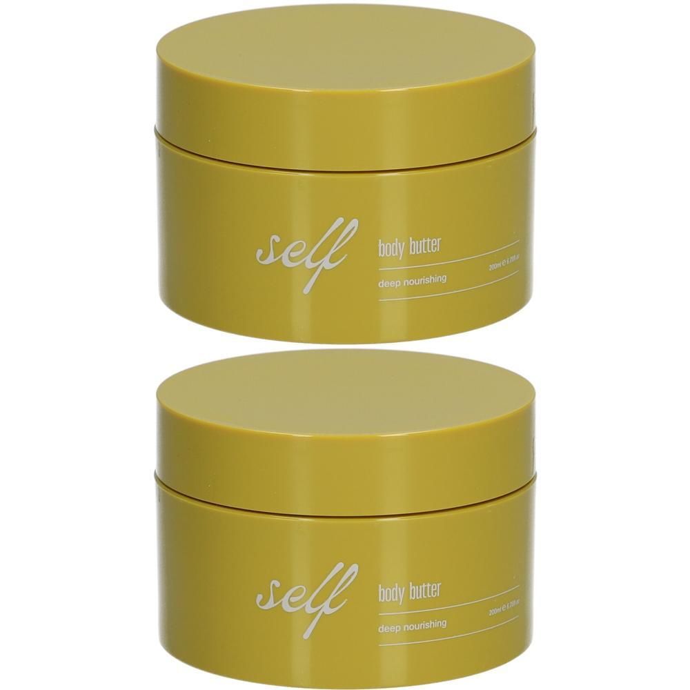 Deux pots jaunes avec couvercles. Inscription "self body butter deep nourishing".