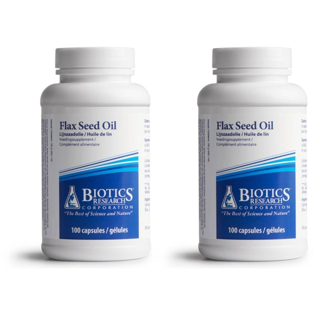 Deux flacons blancs de capsules. Inscription: Flax Seed Oil, BIOTICS RESEARCH CORPORATION, 100 capsules/gélules.