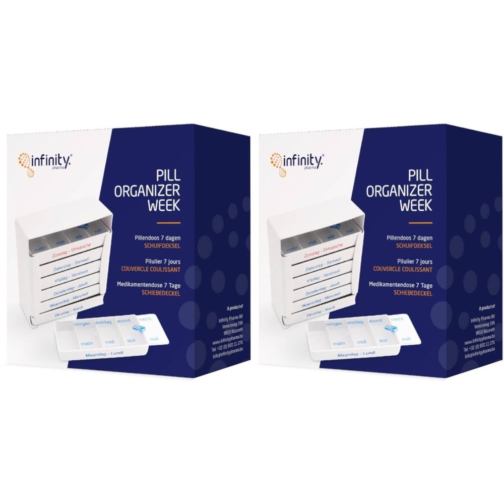Emballage de pilulier. Organisateur blanc à 7 compartiments, étiqueté avec les jours de la semaine. Emballage bleu avec nom et logo du produit.