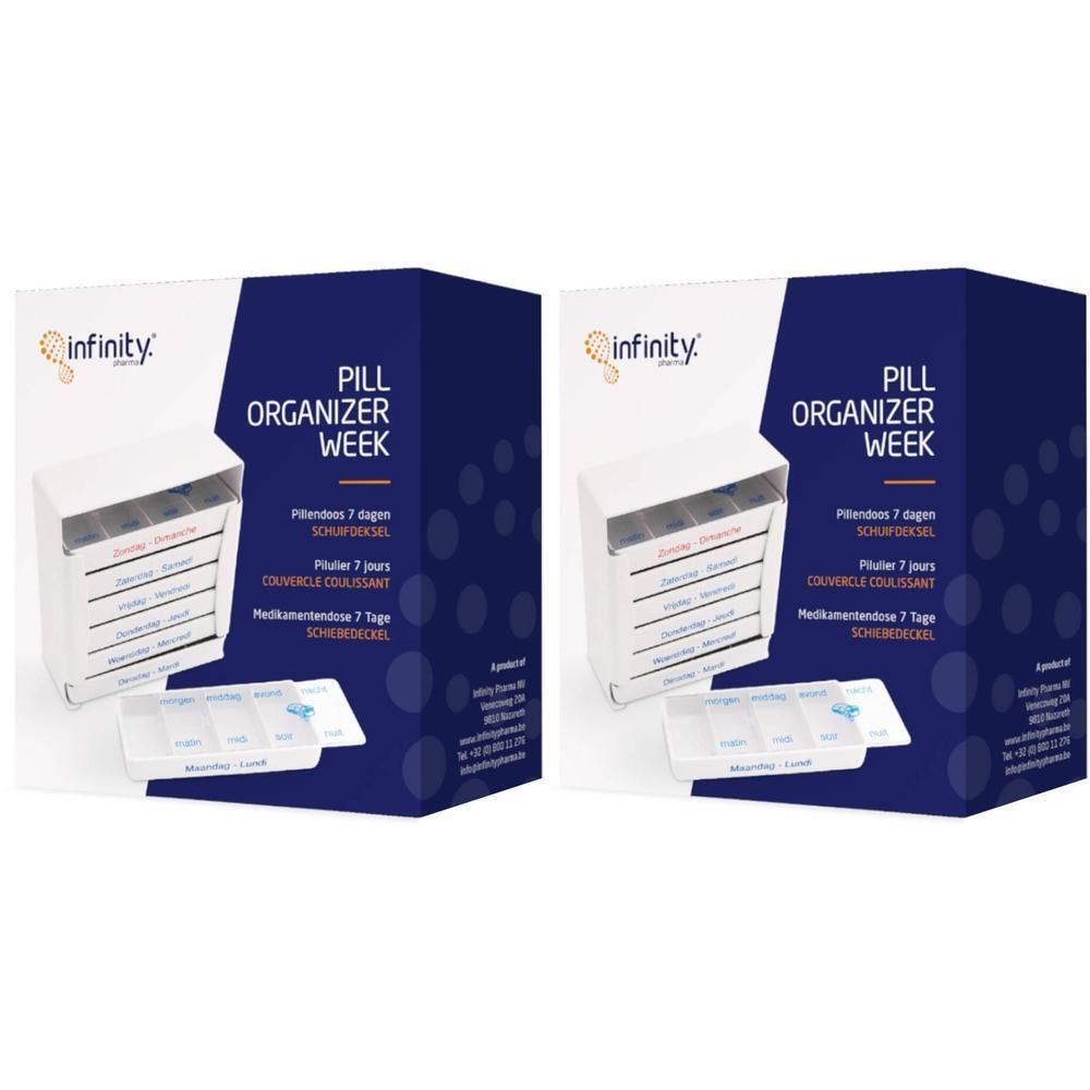 Emballage de pilulier. Organisateur blanc à 7 compartiments, étiqueté avec les jours de la semaine. Emballage bleu avec nom et logo du produit.