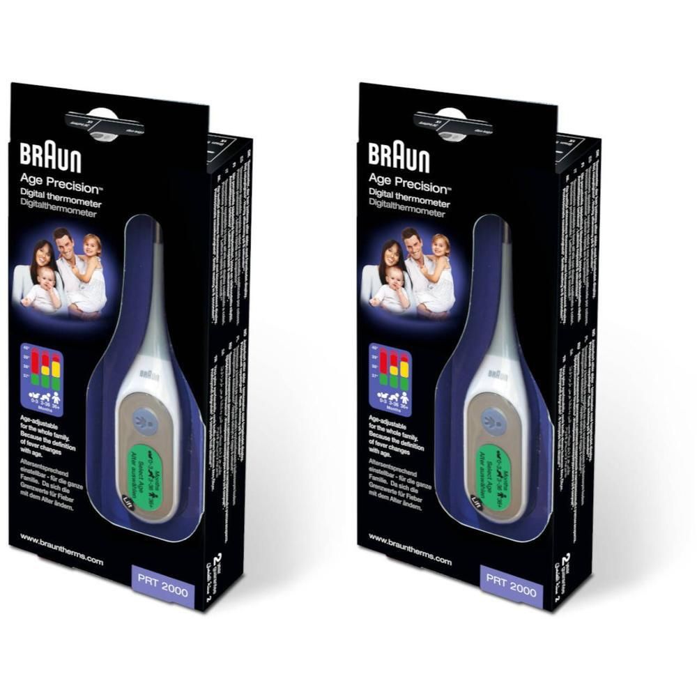 Deux thermomètres numériques dans leur emballage. Marque Braun, modèle Age Precision. Affichage vert. Emballage noir.