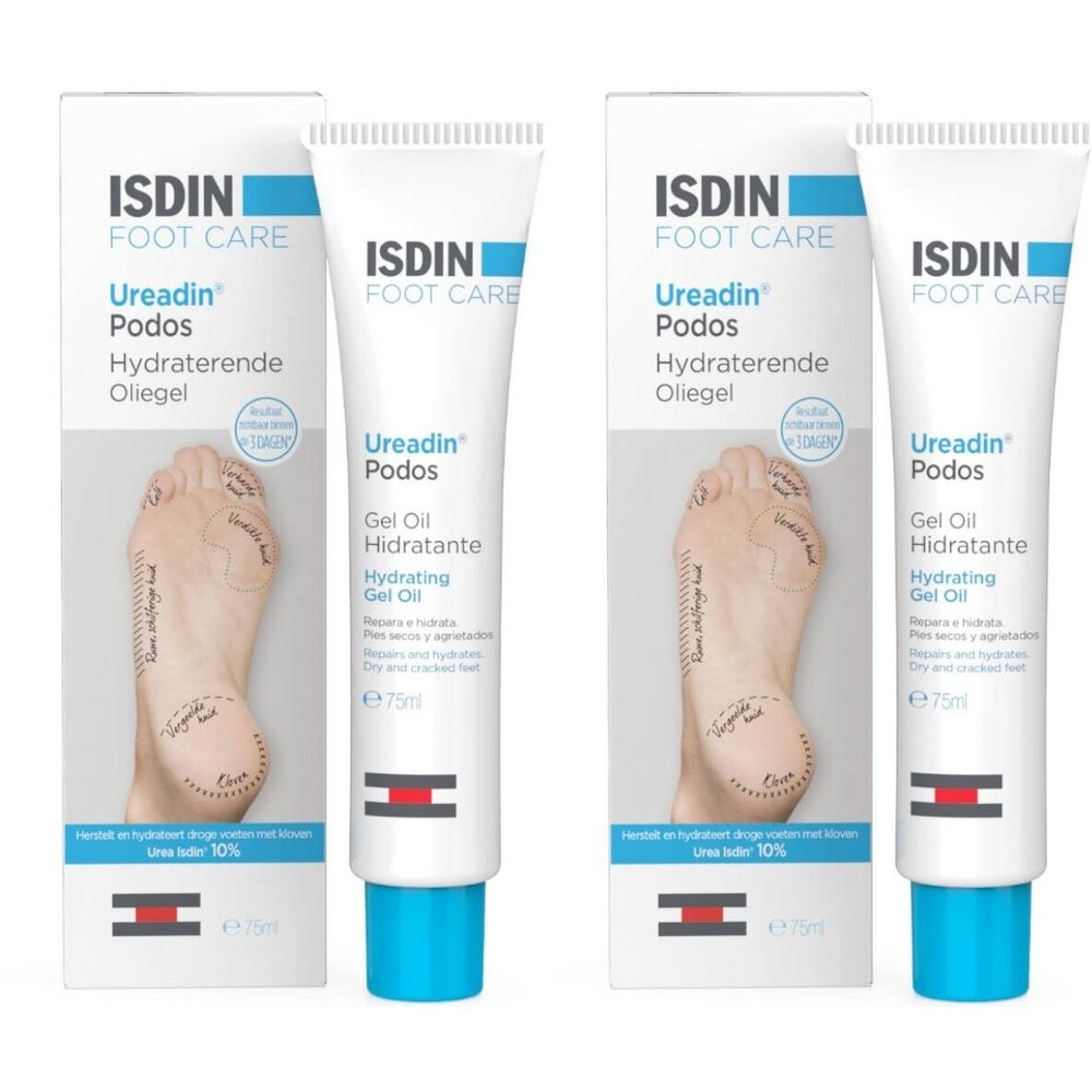 Deux tubes ISDIN Foot Care Ureadin Podos. Tubes blancs avec bouchons bleus et emballage. Impression d'un pied.