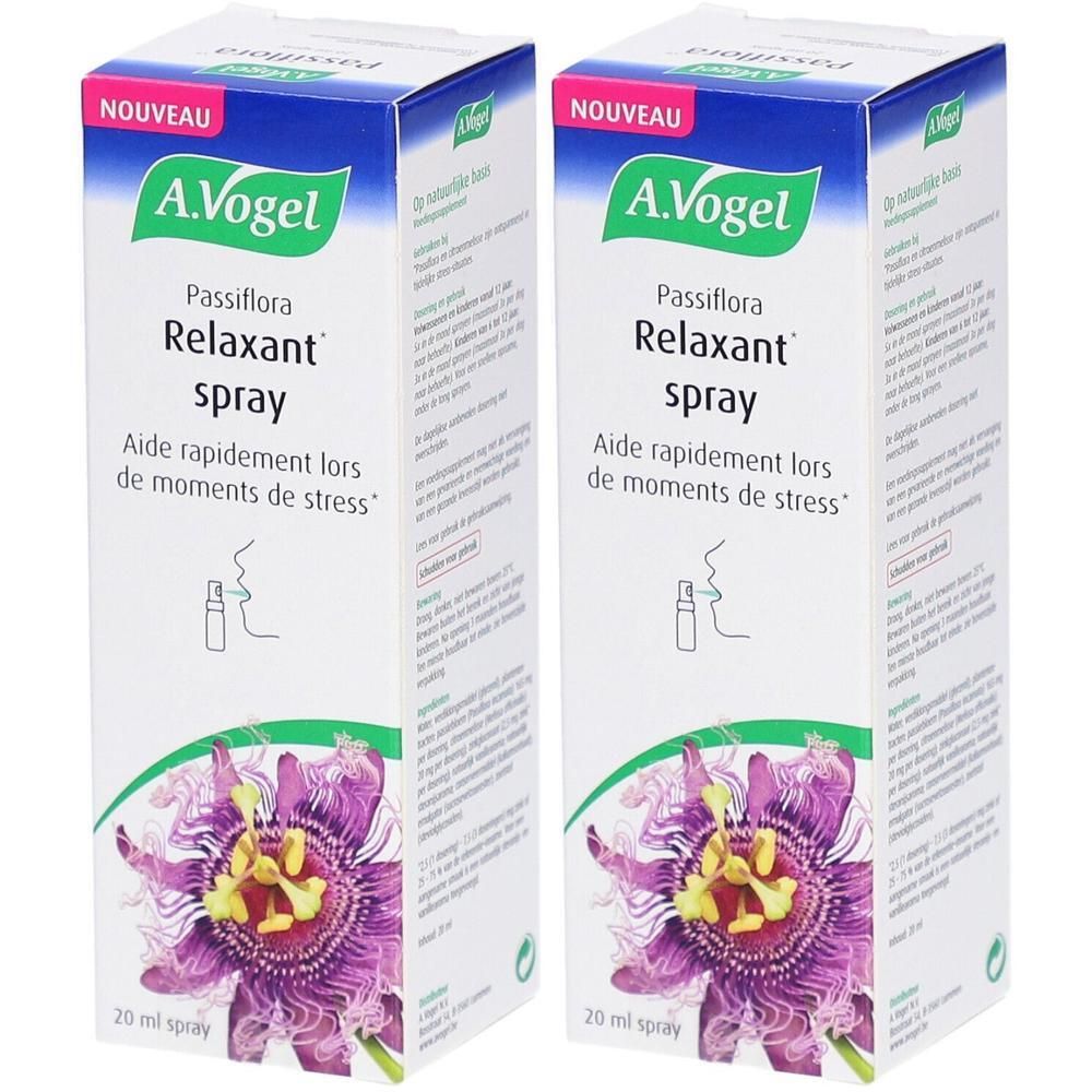 Deux boîtes de spray A.Vogel Passiflora Relaxant. Emballage bleu avec nom du produit et illustration florale.