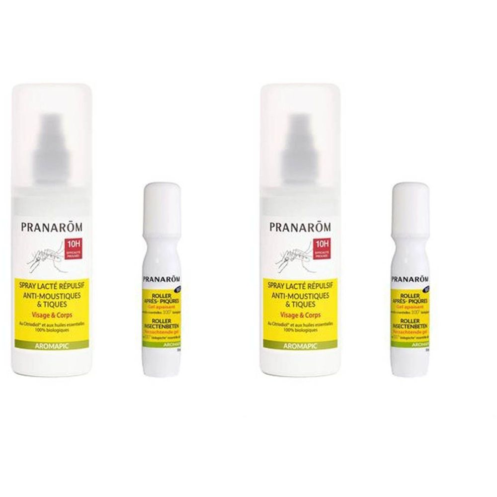 Deux ensembles: spray et roller. Spray blanc, logo rouge, étiquette jaune. Roller blanc.