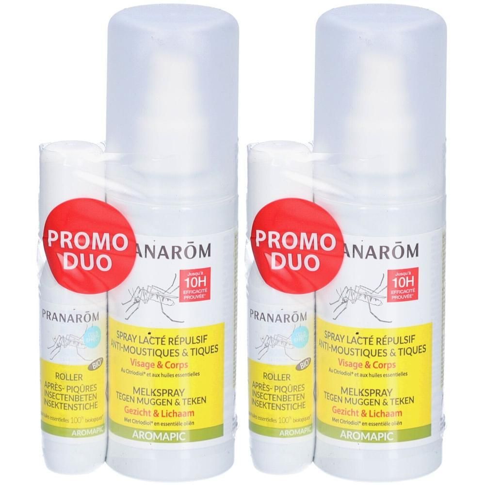 Deux ensembles: spray et roller. Spray blanc, étiquette rouge, jaune. Roller blanc. Emballé.
