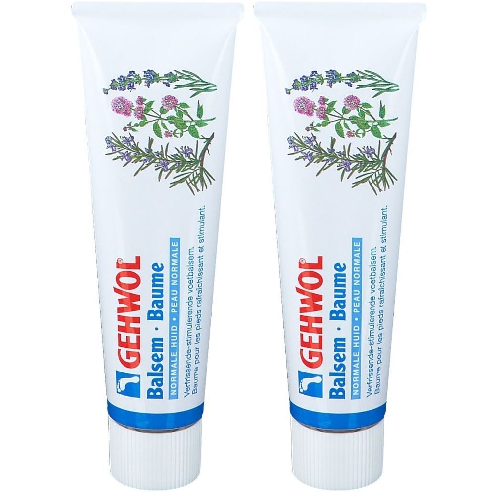 Deux tubes de Baume Gehwol®. Tubes blancs avec motif floral et nom du produit. Écriture bleue et rouge.