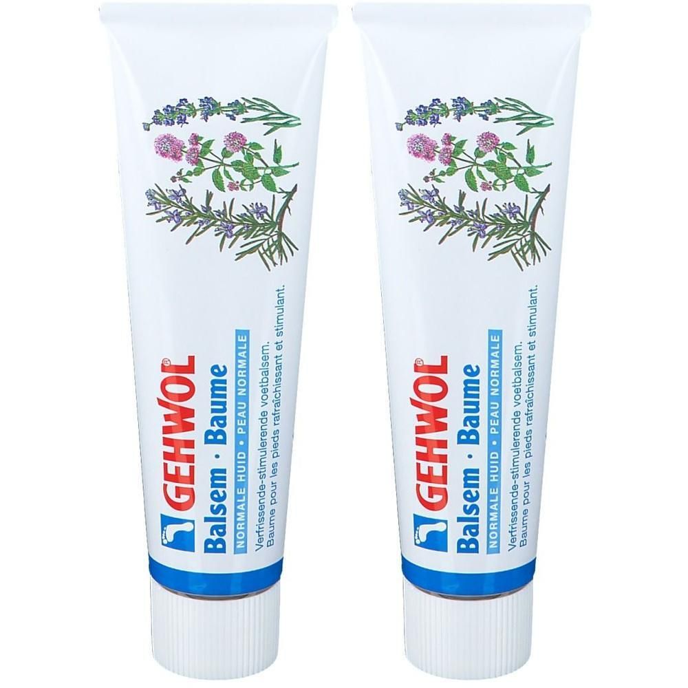 Deux tubes de Baume Gehwol®. Tubes blancs avec motif floral et nom du produit. Écriture bleue et rouge.