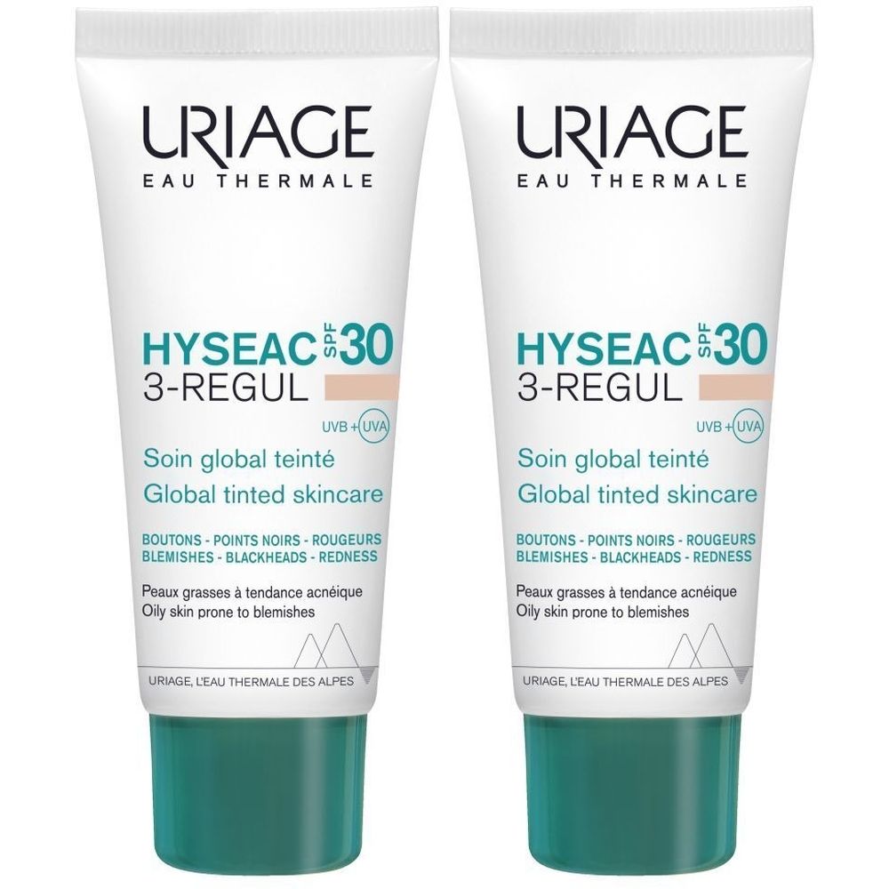 Deux tubes Uriage Hyseac SPF30 3-REGUL. Blanc, bouchon vert. Texte: Hyseac, 3-REGUL, Soin global teinté, Peaux grasses à tendance acnéique.