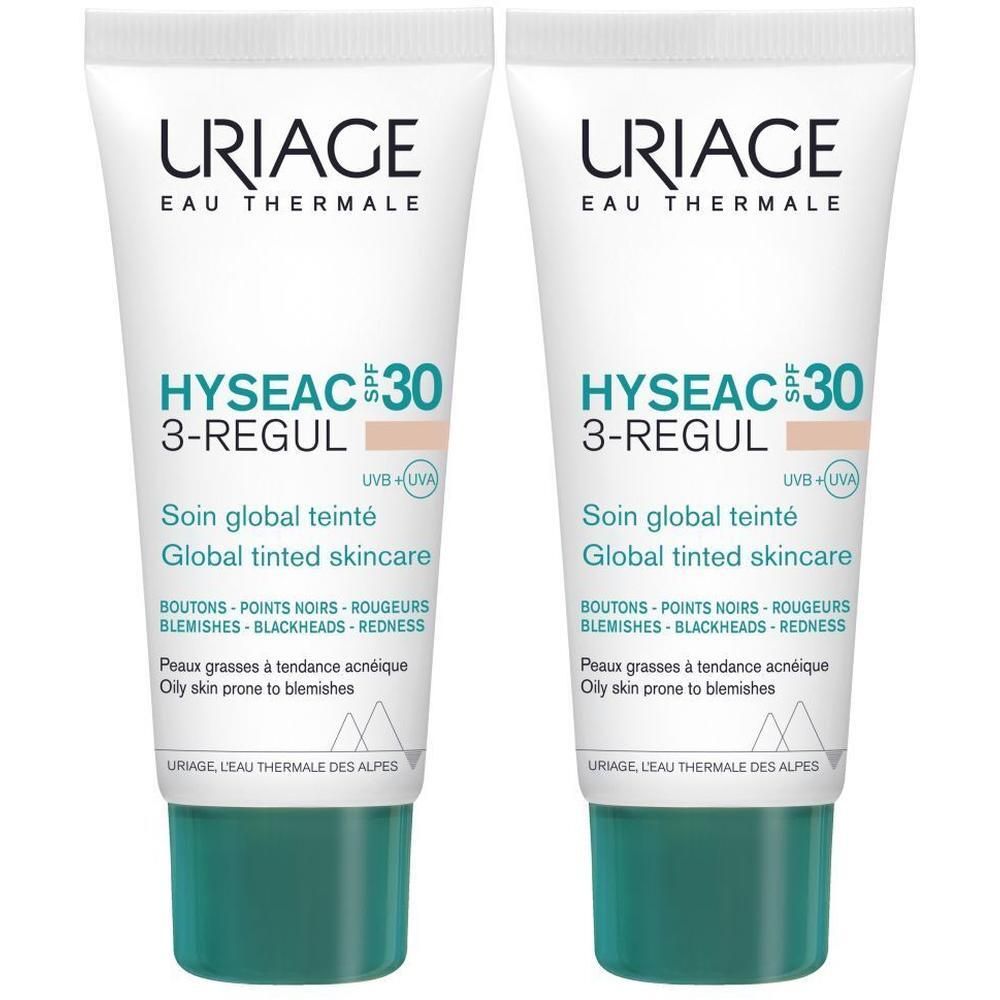 Deux tubes Uriage Hyseac SPF30 3-REGUL. Blanc, bouchon vert. Texte: Hyseac, 3-REGUL, Soin global teinté, Peaux grasses à tendance acnéique.