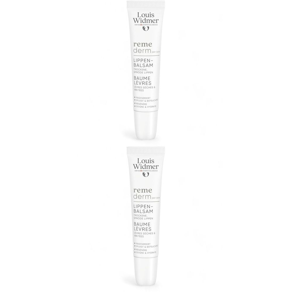 Deux tubes de Baume Lèvres Louis Widmer Remederm. Blancs, avec texte et logo. Nom du produit et indication.