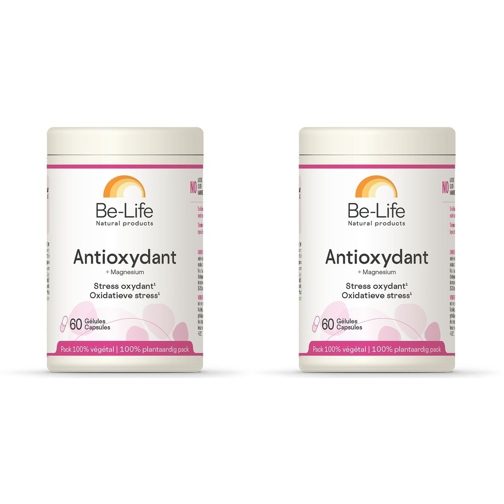 Deux boîtes blanches Be-Life "Antioxydant". Chaque boîte contient 60 gélules. Graphiques roses et oranges.