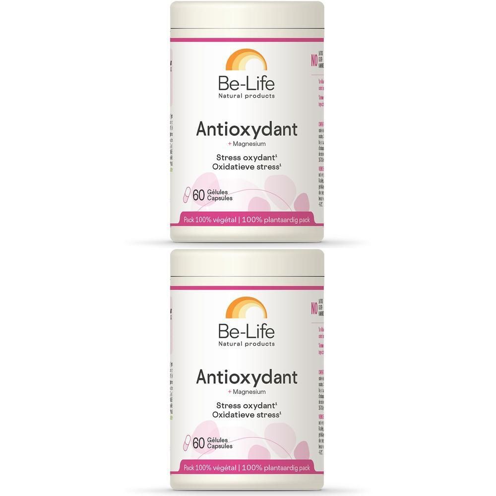 Deux boîtes blanches Be-Life "Antioxydant". Chaque boîte contient 60 gélules. Graphiques roses et oranges.