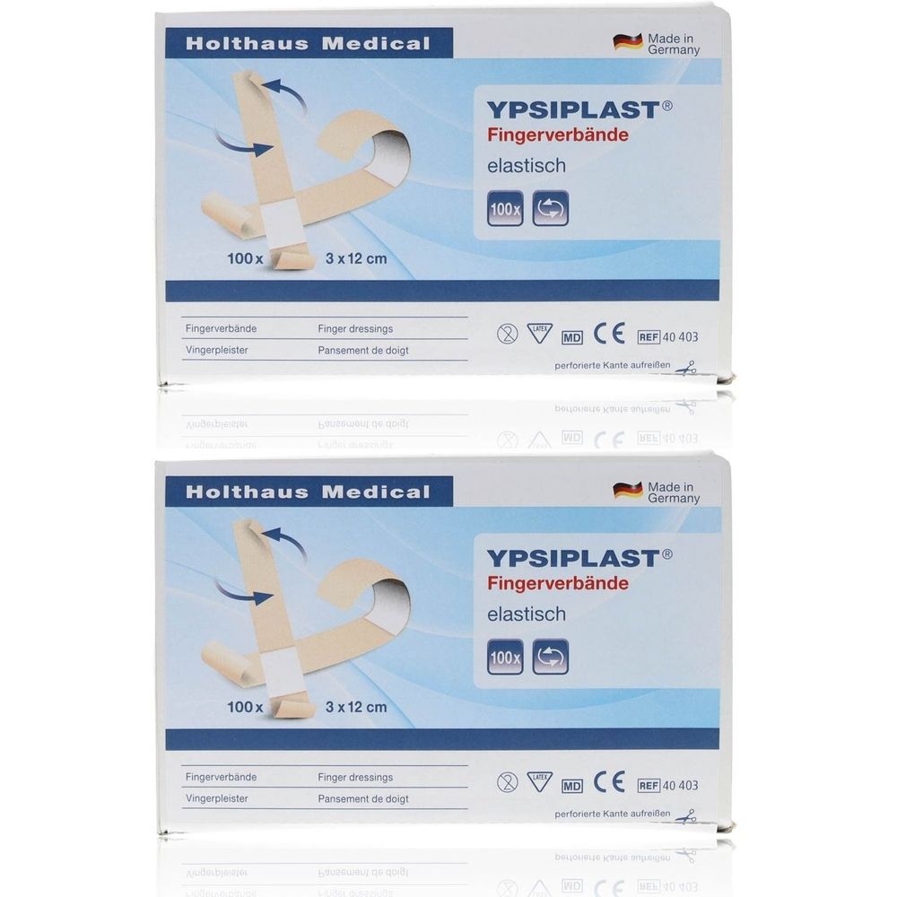 Deux boîtes de pansements pour doigts YPSIPLAST. Chaque boîte contient 100 pièces, 3 x 12 cm. Marque : Holthaus Medical. Marquage CE.