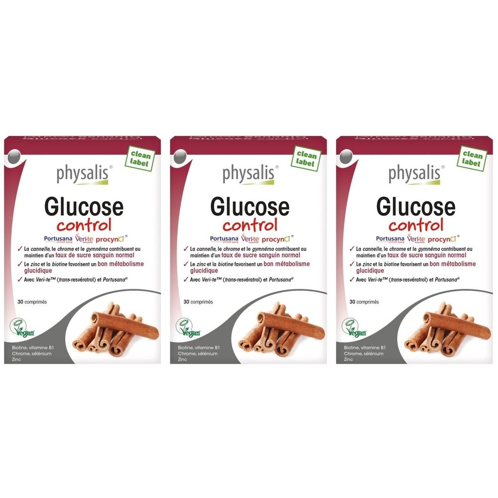 Trois boîtes de Physalis® Glucose Control. Emballage blanc avec texte rouge et vert. Bâtons de cannelle en bas.