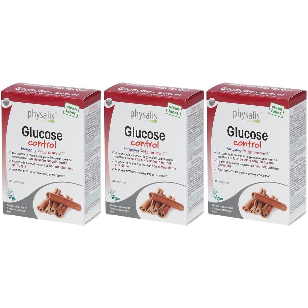 Trois boîtes de physalis® Glucose Control. Emballage rouge et blanc avec nom du produit et image de bâtons de cannelle.