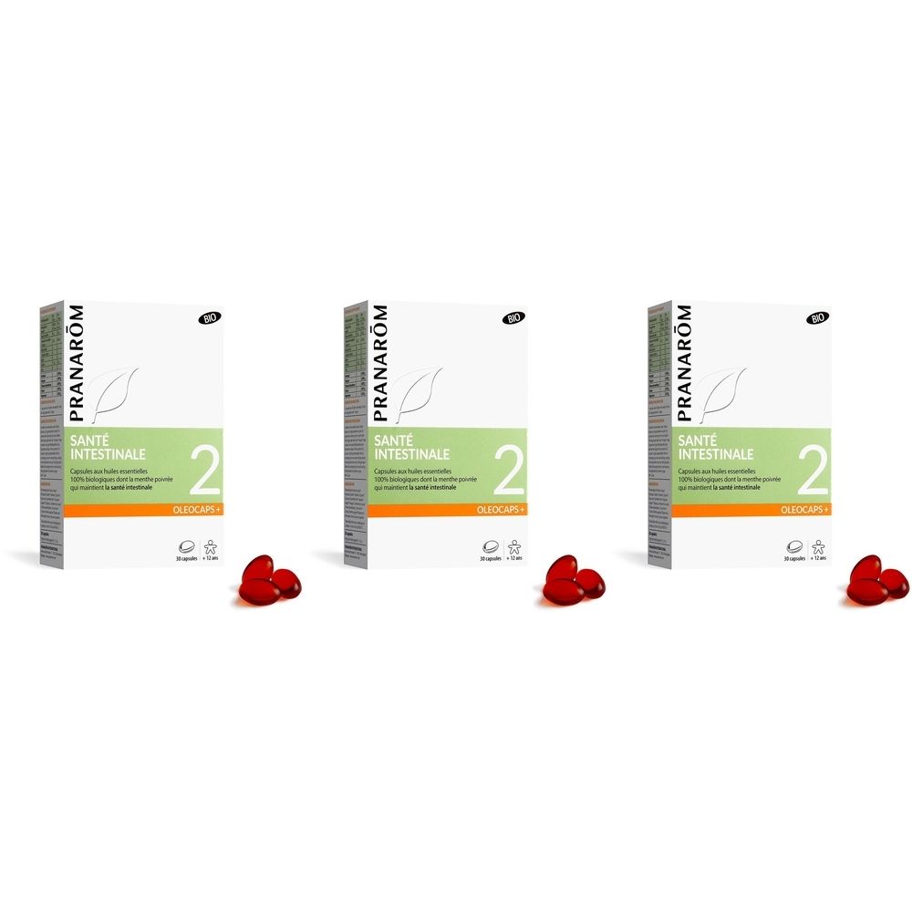 Trois boîtes Pranarôm Oleocaps+ 2, Santé Intestinale. Gélules rouges devant. Inscription : 2, Vegan.