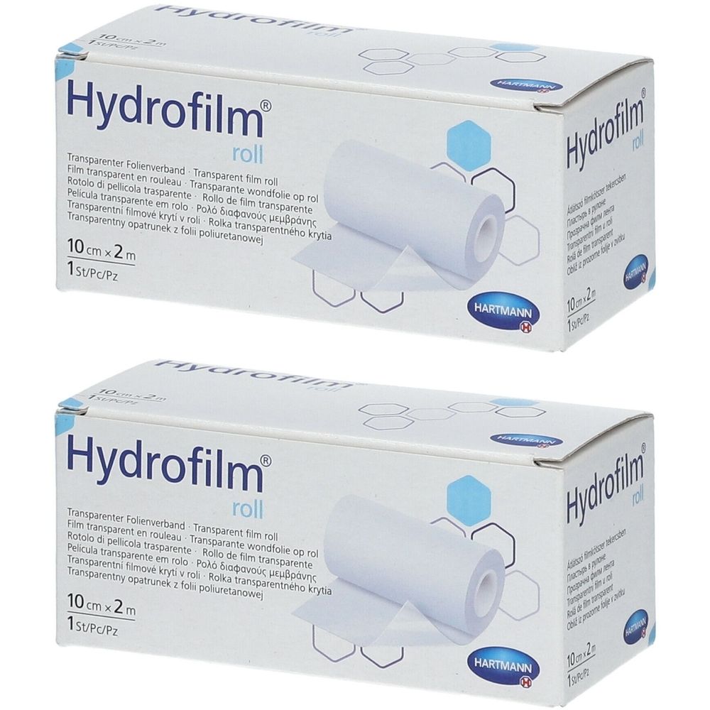 Deux boîtes de Hydrofilm® Roll. Boîtes blanches avec nom et logo du produit. 10 cm x 2 m.