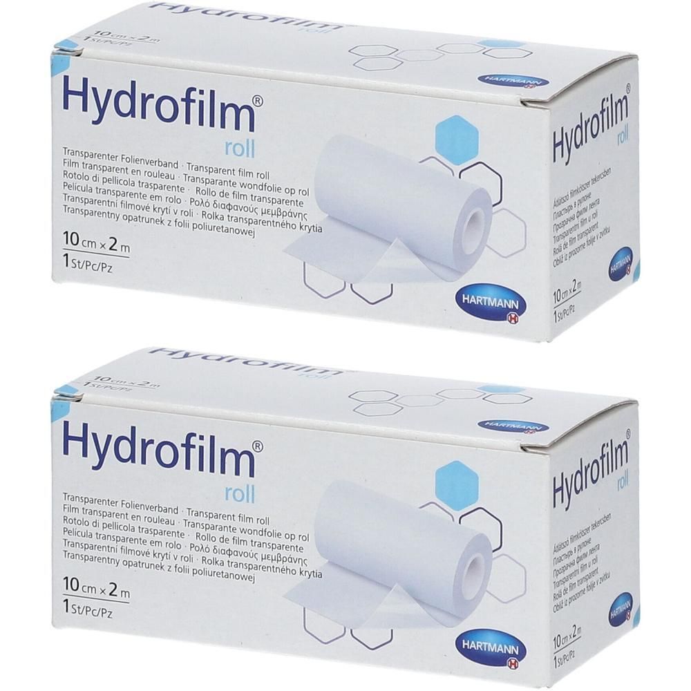 Deux boîtes de Hydrofilm® Roll. Boîtes blanches avec nom et logo du produit. 10 cm x 2 m.