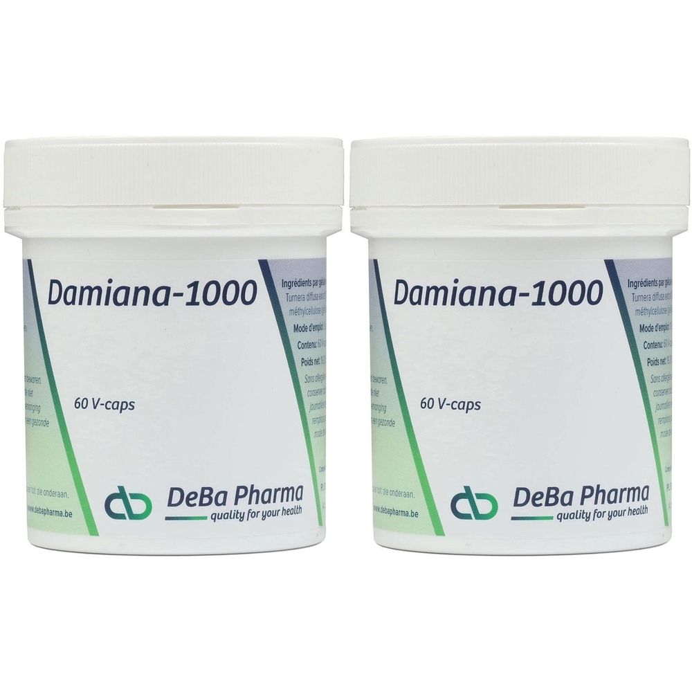 Deux pots blancs avec couvercles. Inscription "Damiana-1000" et "60 V-caps". Logo DeBa Pharma. Qualité pour votre santé.