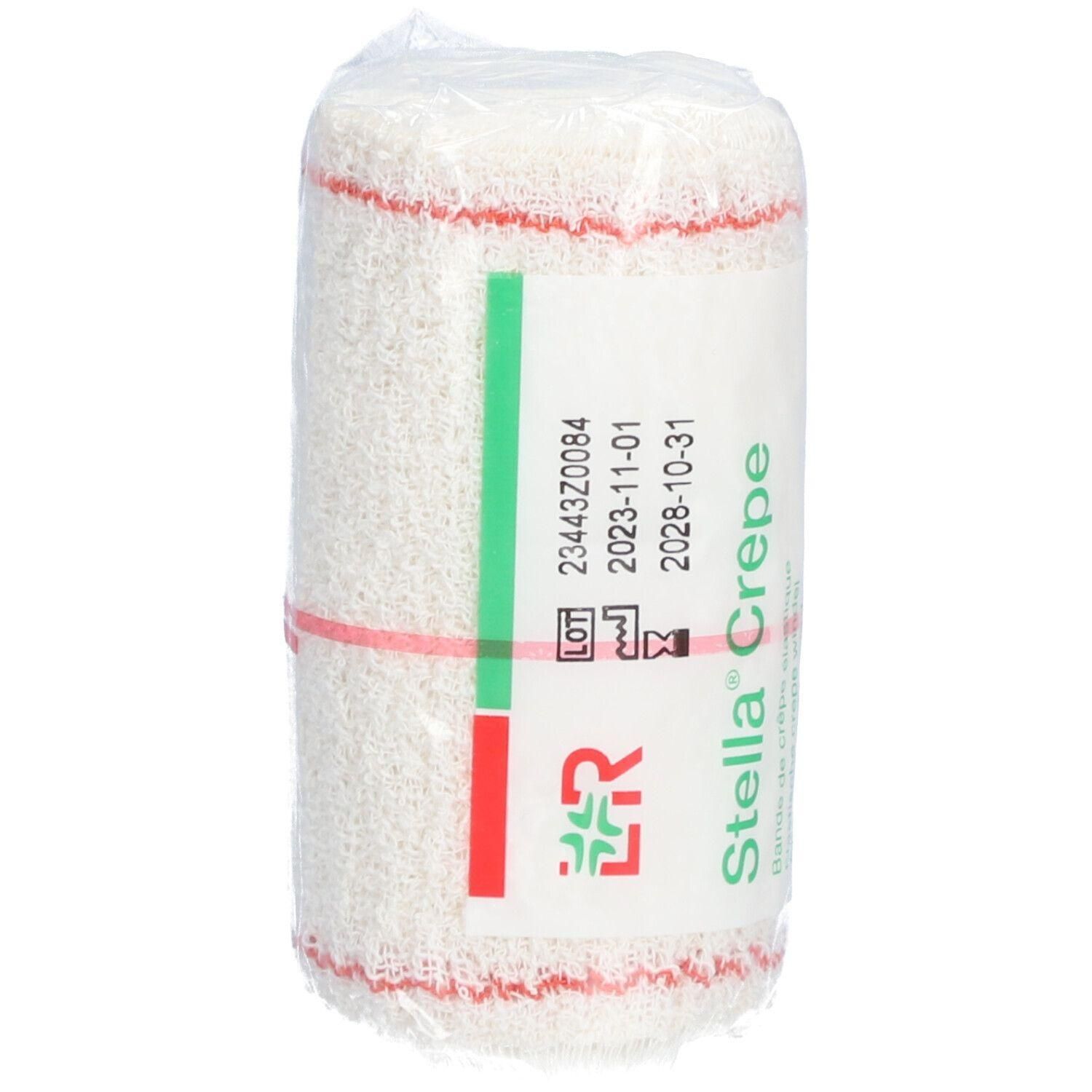 Bande de crêpe élastique roulée. Emballée dans du plastique. Étiquette avec numéro de lot, date d'expiration et logo.