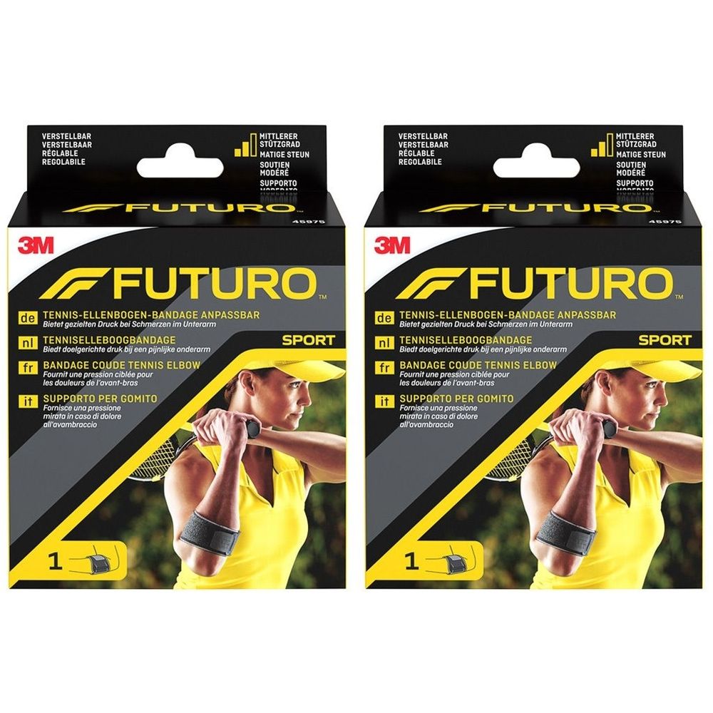 Deux boîtes de bandage de coude de tennis 3M™ Futuro™ Sport. Bandage noir sur le bras d'une personne jouant au tennis. Nom du produit sur l'emballage.