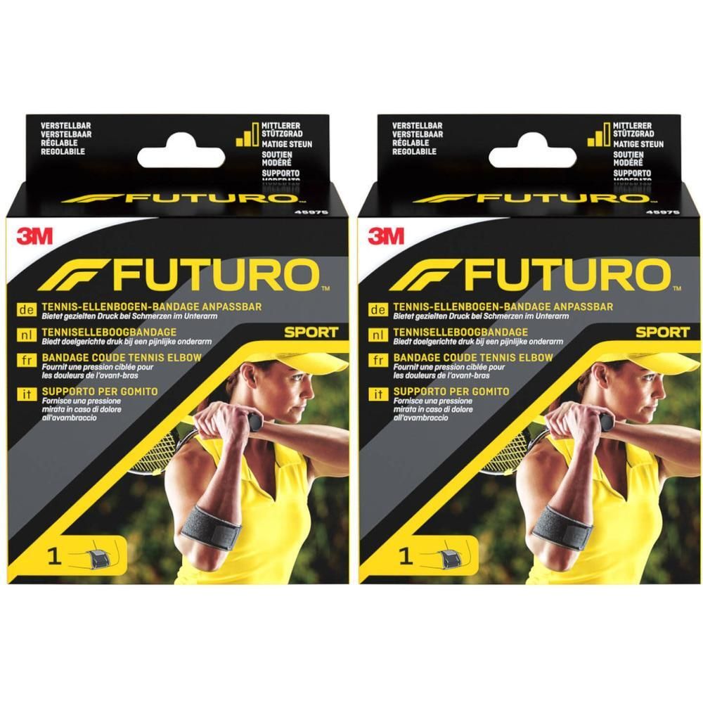 Deux boîtes de bandage de coude de tennis 3M™ Futuro™ Sport. Bandage noir sur le bras d'une personne jouant au tennis. Nom du produit sur l'emballage.