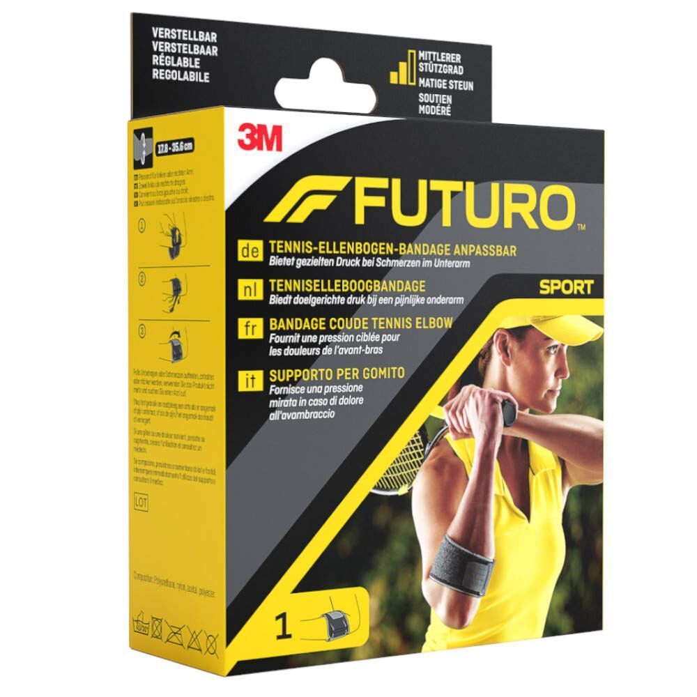 3M™ Futuro™ Sport bandage de coude de tennis en emballage. Personne avec bandage au bras, jouant au tennis. Emballage avec nom et caractéristiques du produit.