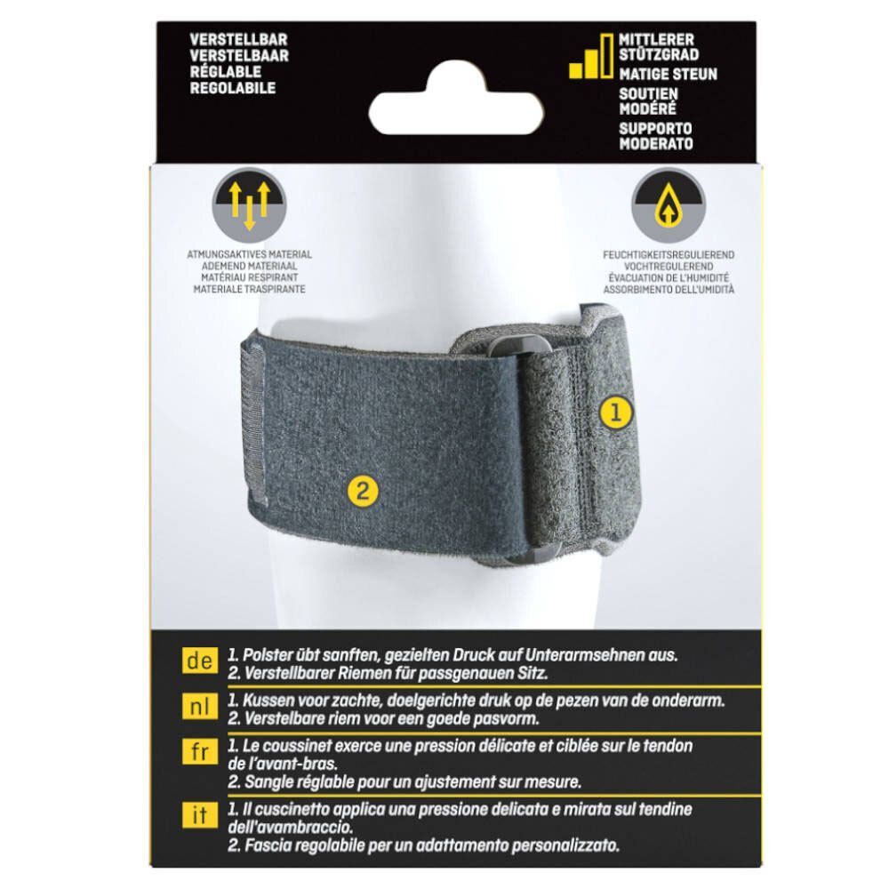 Gros plan du bandage de coude de tennis 3M™ Futuro™ Sport. Matériau gris, fermeture velcro. Étiquetage avec caractéristiques et matériaux du produit.