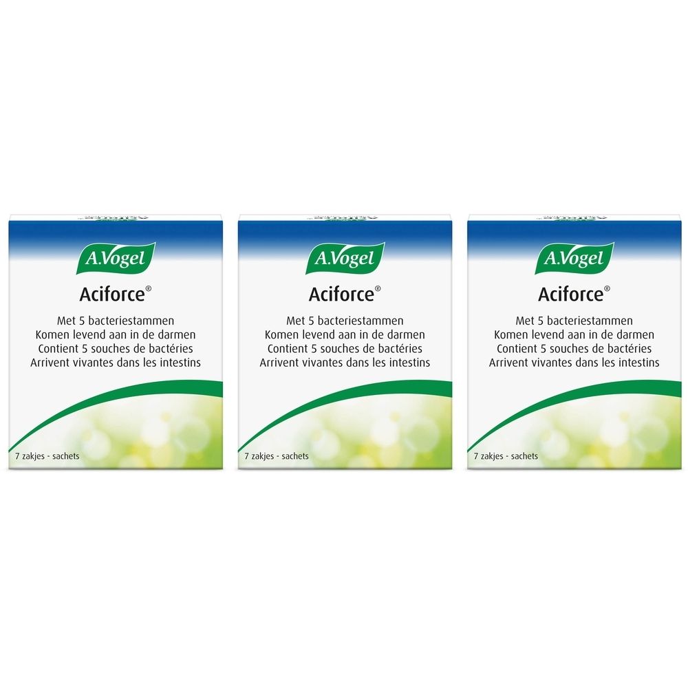 Trois boîtes de A. Vogel Aciforce. Emballage bleu et blanc avec nom et texte du produit. Contient 7 sachets.