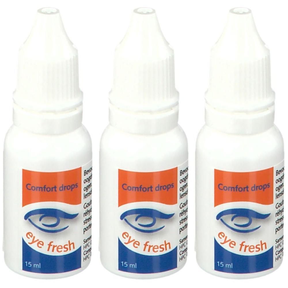 Trois flacons de gouttes oculaires Eye Fresh Comfort. Flacons blancs avec étiquette orange et texte bleu. 15 ml.