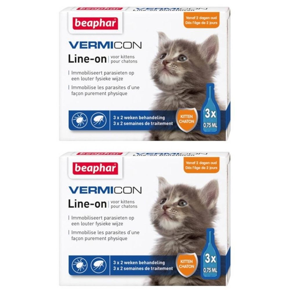 Deux boîtes de beaphar VERMICON Line-on pour chattons. Chaque boîte montre un chaton et une bouteille. Texte: 3 x 0,75 ml.