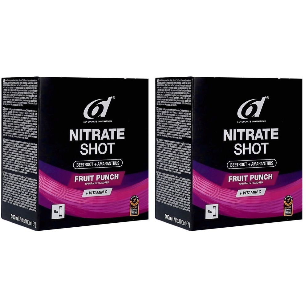 Deux boîtes "6d Sport Nutrition Nitrate Shot Fruit Punch". Emballage noir, texte blanc et détails violets. Vue rapprochée.