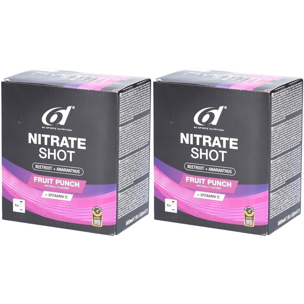 Deux boîtes carrées "6d Sport Nutrition Nitrate Shot Fruit Punch". Emballage noir avec accents violets et texte blanc.