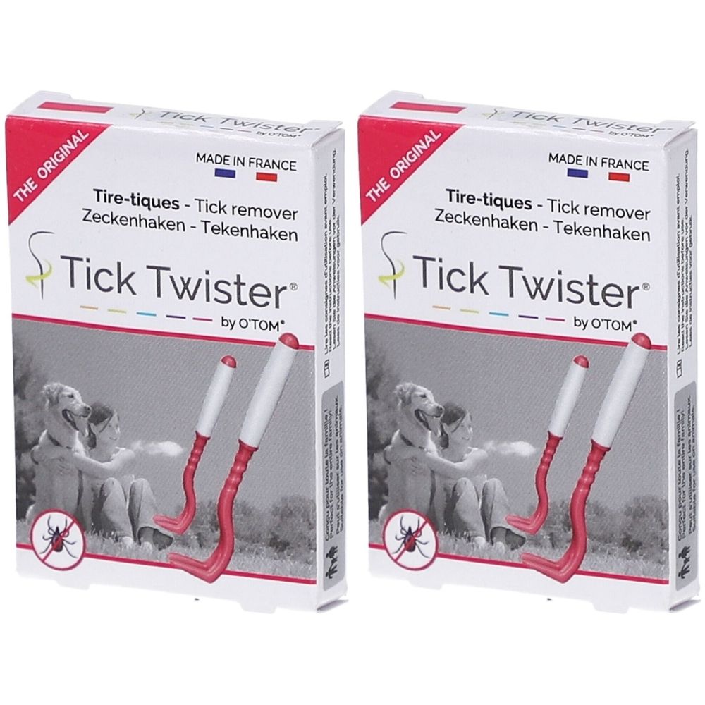 Deux boîtes de Tick Twister. Crochet rouge, manche blanc. Inscription: Tick Twister by O'Tom.