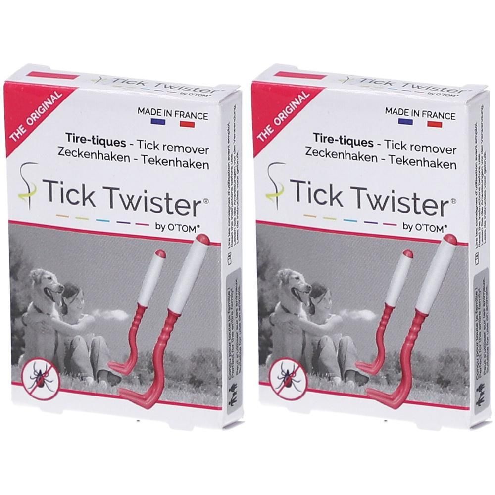 Deux boîtes de Tick Twister. Crochet rouge, manche blanc. Inscription: Tick Twister by O'Tom.