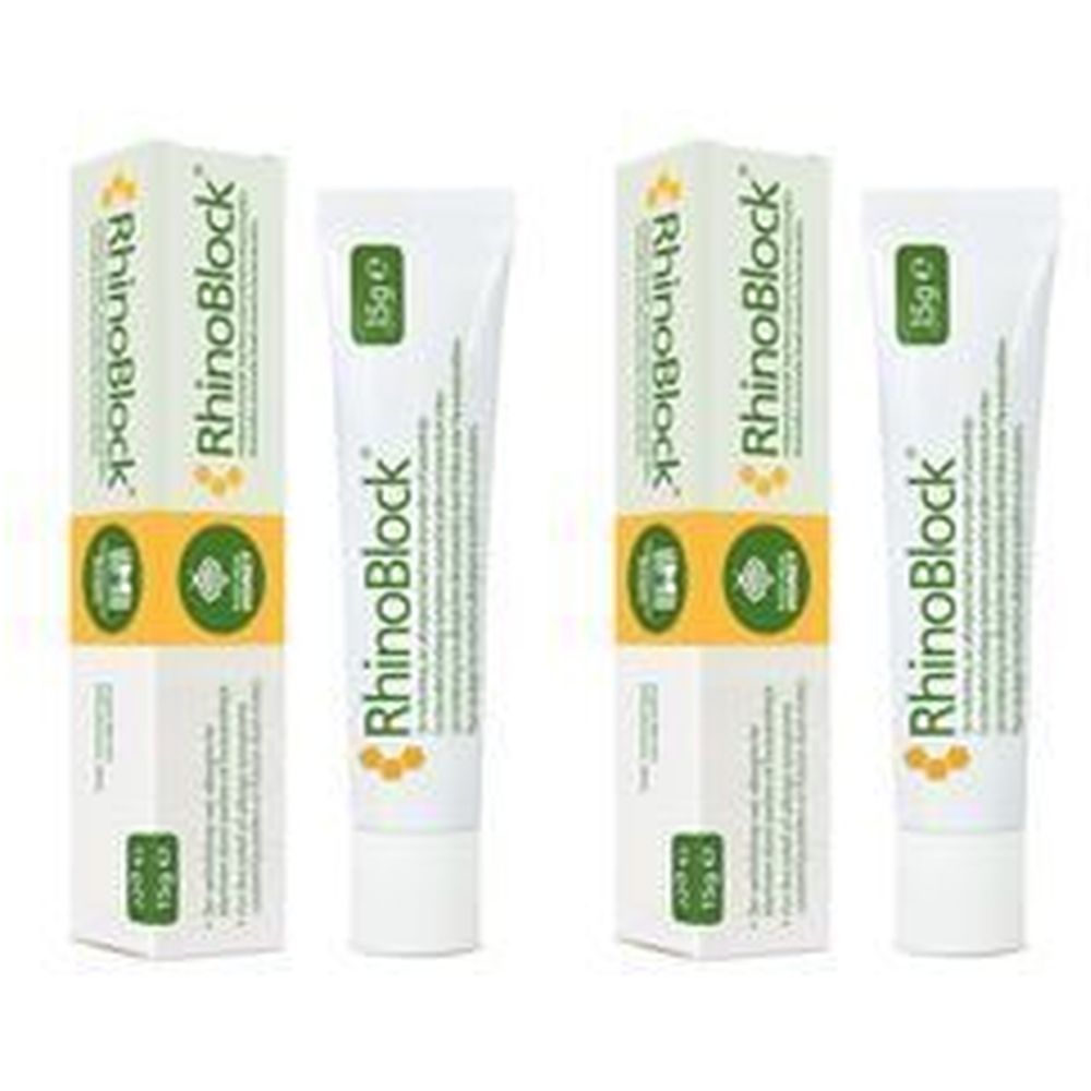 Deux tubes et boîtes de pommade nasale RhinoBlock. Inscription : 15g. Emballage jaune et blanc.
