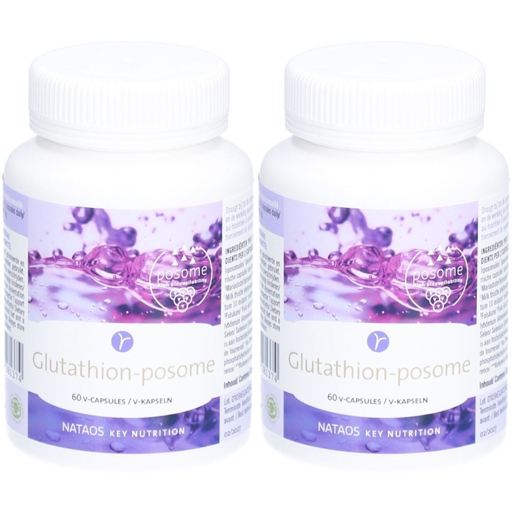 Deux flacons blancs avec étiquettes violettes. Inscription : Glutathion-posome, 60 V-capsules. NATAOS KEY NUTRITION.