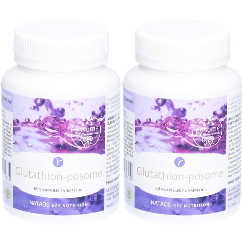 Deux flacons blancs avec étiquettes violettes. Inscription : Glutathion-posome, 60 V-capsules. NATAOS KEY NUTRITION.