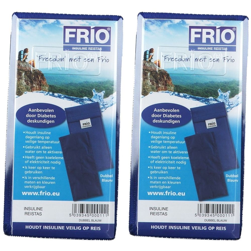Deux pochettes FRIO® bleues. Inscriptions FRIO et texte en néerlandais. Contient une pochette bleue.