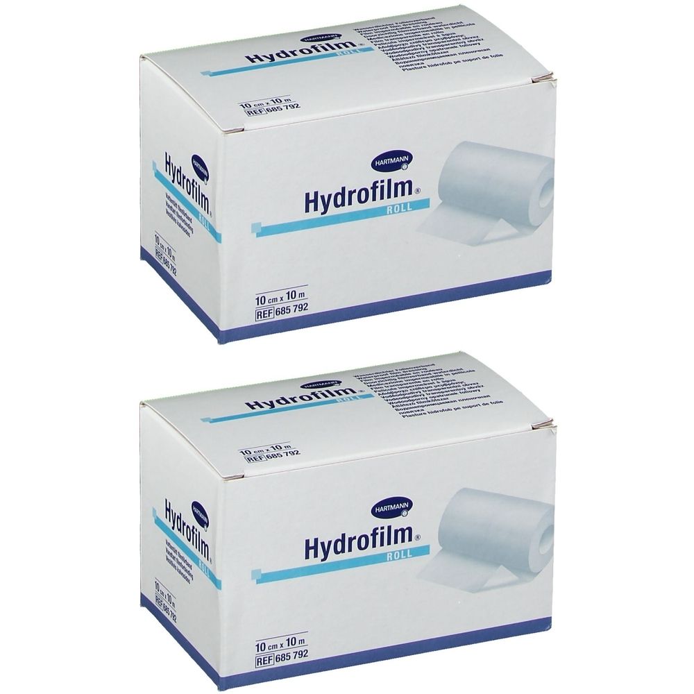 Deux boîtes de Hartmann Hydrofilm Roll. Inscription: 10 cm x 10 m. Logo et nom du produit. Bande bleue.