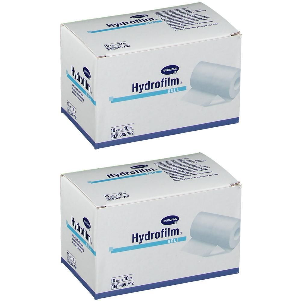 Deux boîtes de Hartmann Hydrofilm Roll. Inscription: 10 cm x 10 m. Logo et nom du produit. Bande bleue.