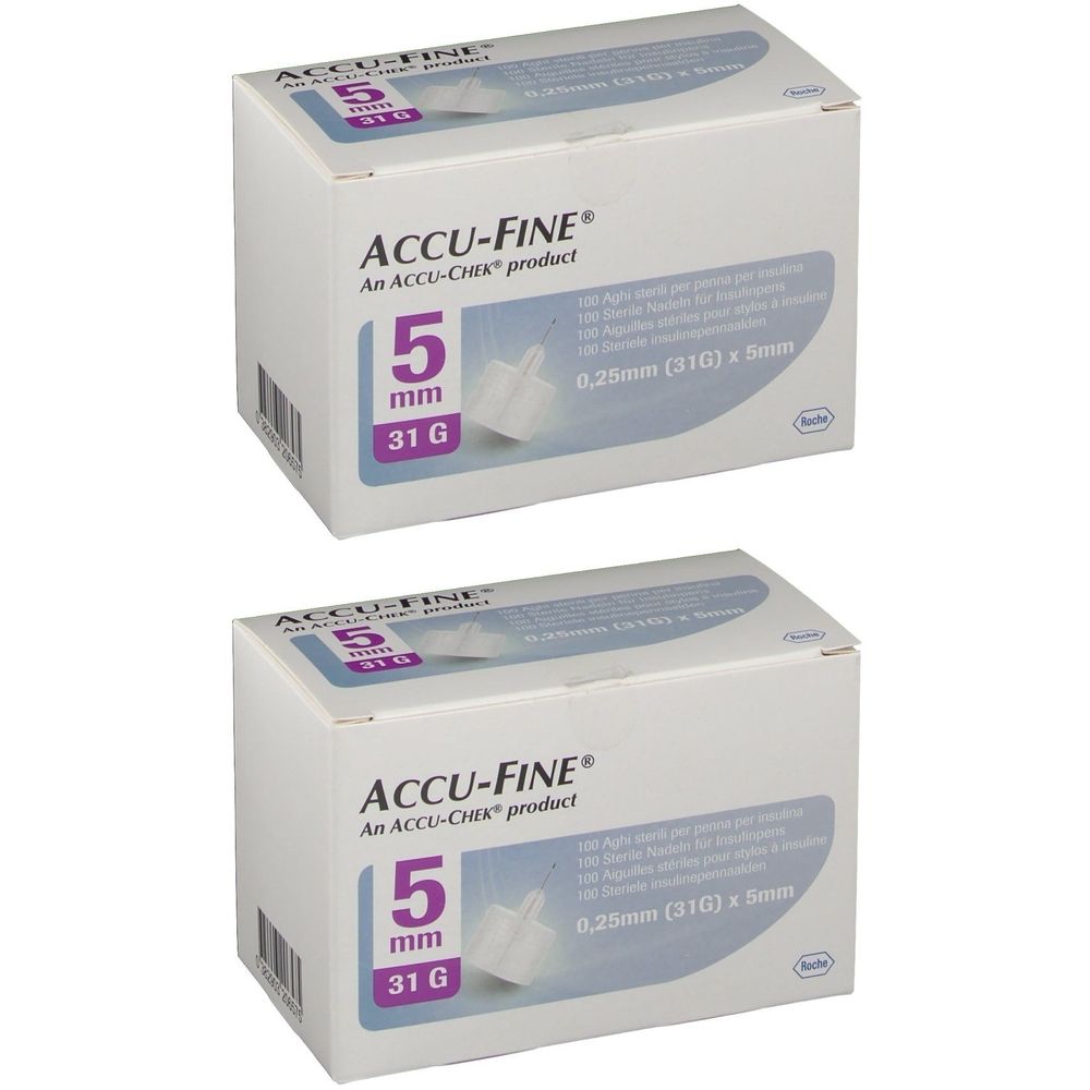 Deux boîtes ACCU-FINE® Aiguilles. Inscription: 5 mm, 31 G, 0,25 mm (31G) x 5 mm. Logo Roche.