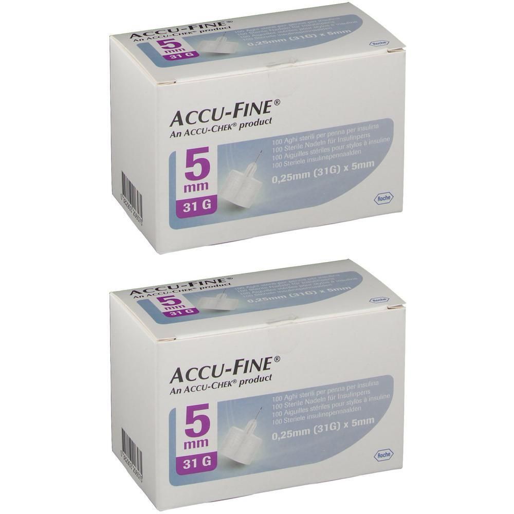 Deux boîtes ACCU-FINE® Aiguilles. Inscription: 5 mm, 31 G, 0,25 mm (31G) x 5 mm. Logo Roche.