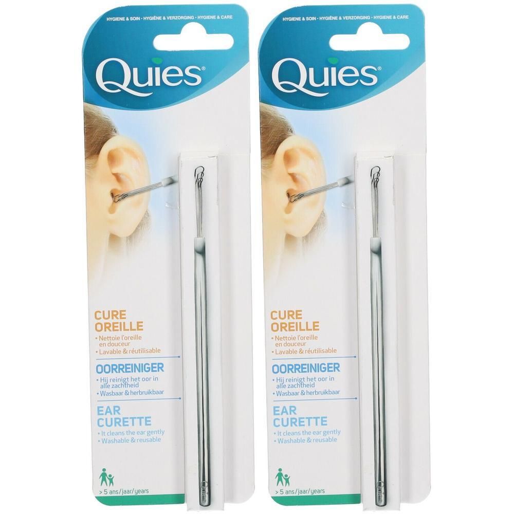 Deux cure-oreilles en emballage blister. Curette métallique à bout arrondi. Emballage avec nom du produit et illustration.