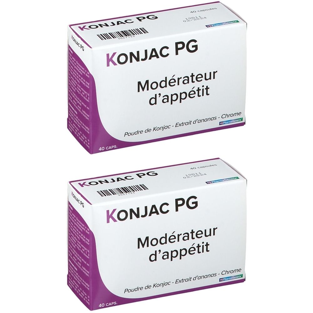 Deux boîtes de Konjac PG. Inscription : Konjac PG, Modérateur d'appétit. Contient 40 capsules. Emballage blanc et violet.