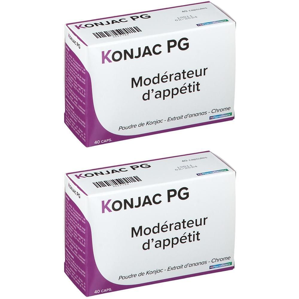 Deux boîtes de Konjac PG. Inscription : Konjac PG, Modérateur d'appétit. Contient 40 capsules. Emballage blanc et violet.