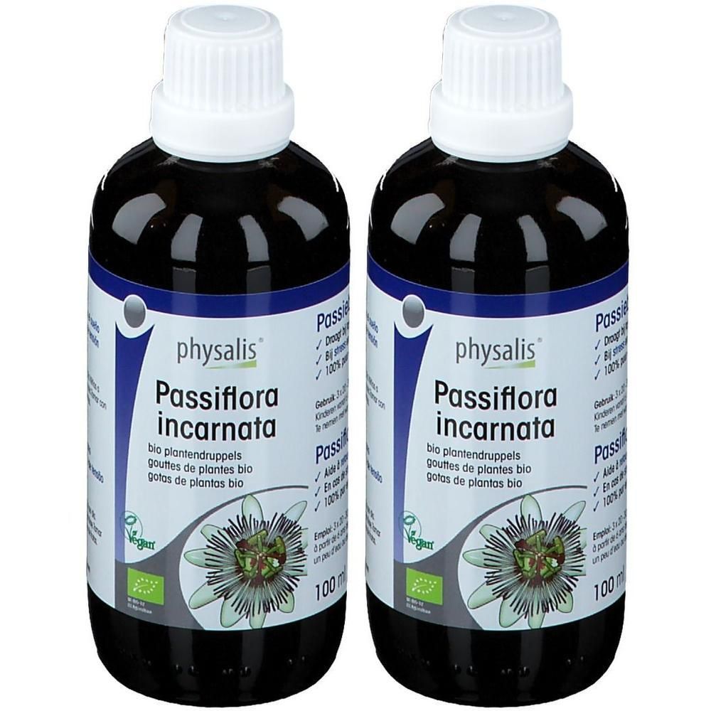 Deux flacons avec bouchon blanc et étiquette. Inscription : physalis Passiflora incarnata, gouttes de plantes bio, Vegan.